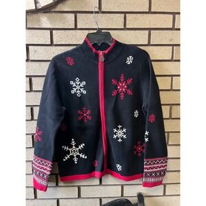 VTG Breckenridge Petite MD Snowflake Zip Up Sweater  Black Red White Rhinestone